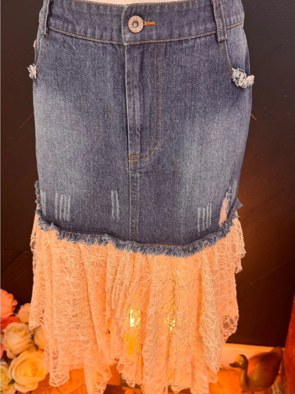 POL Clothing Blue Denim & Cream Lace High-Low Skirt - Picture 9 of 11